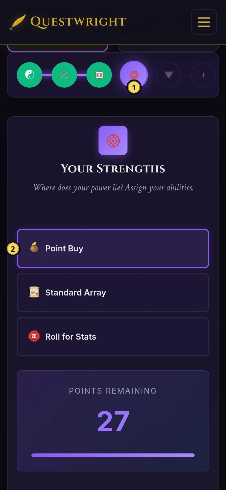 The creator goes step by step; here you set your ability scores.
