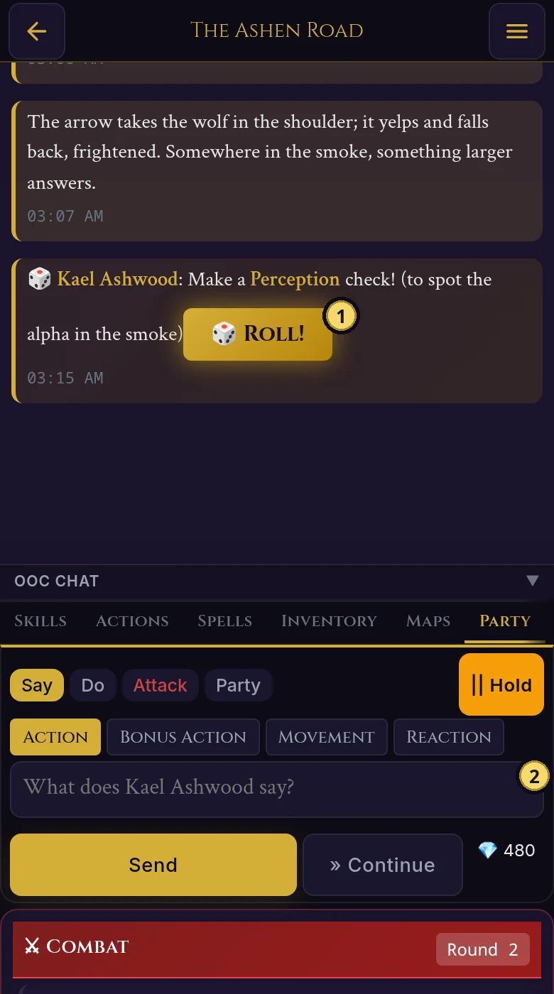 When the story asks for a roll, tap Roll, or roll your own dice and type the result.