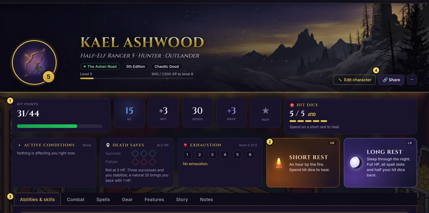 Your character sheet on a computer: everything on one scroll.
