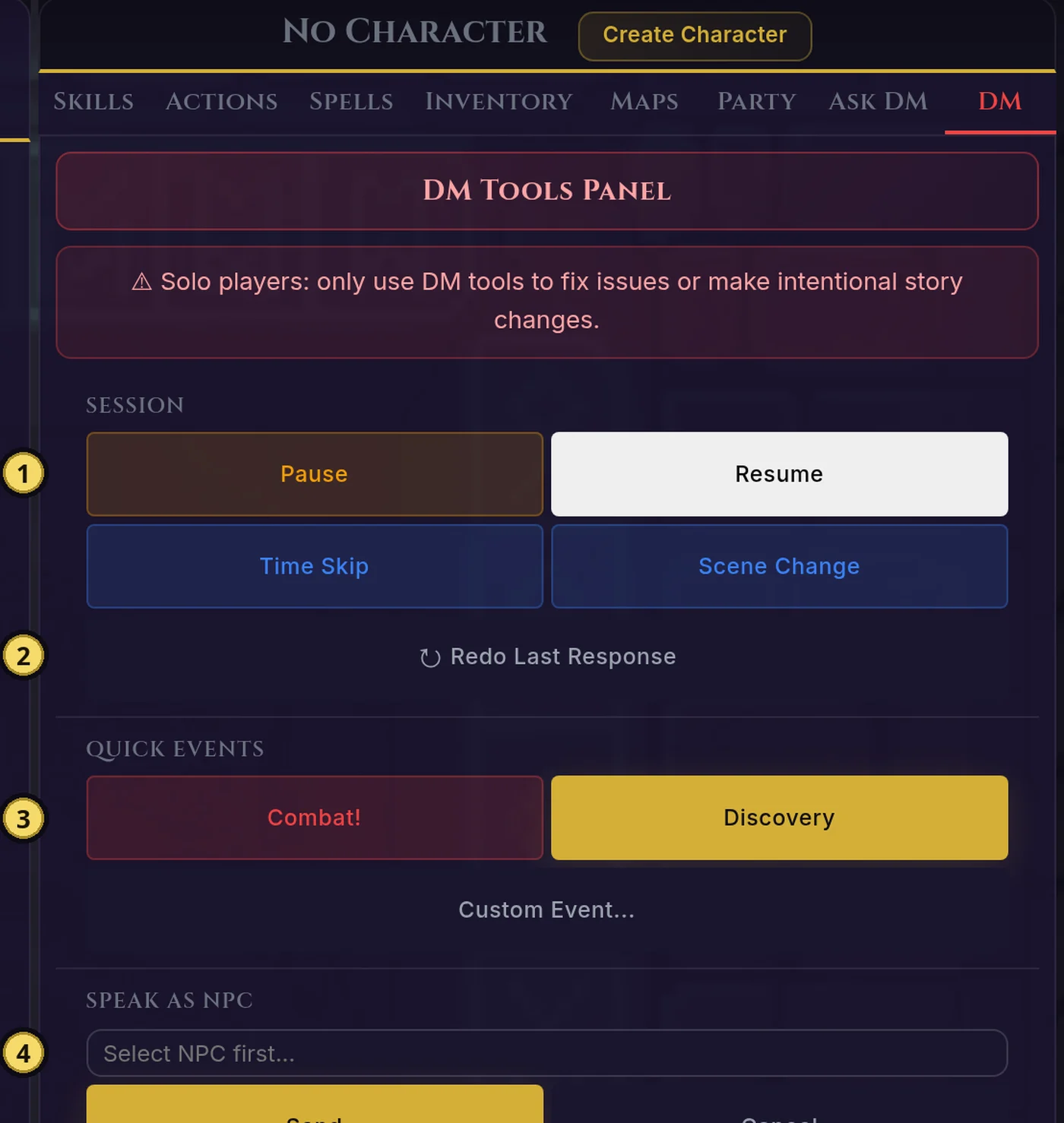 The GM panel on the play page (test campaign).