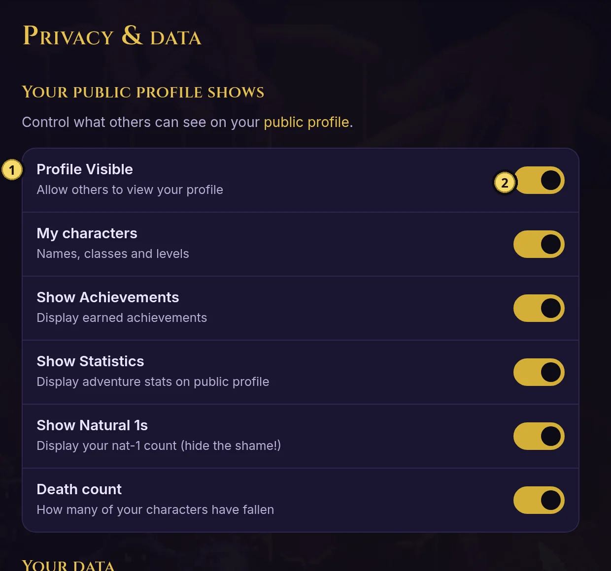 Privacy & data: choose what your public profile shows.