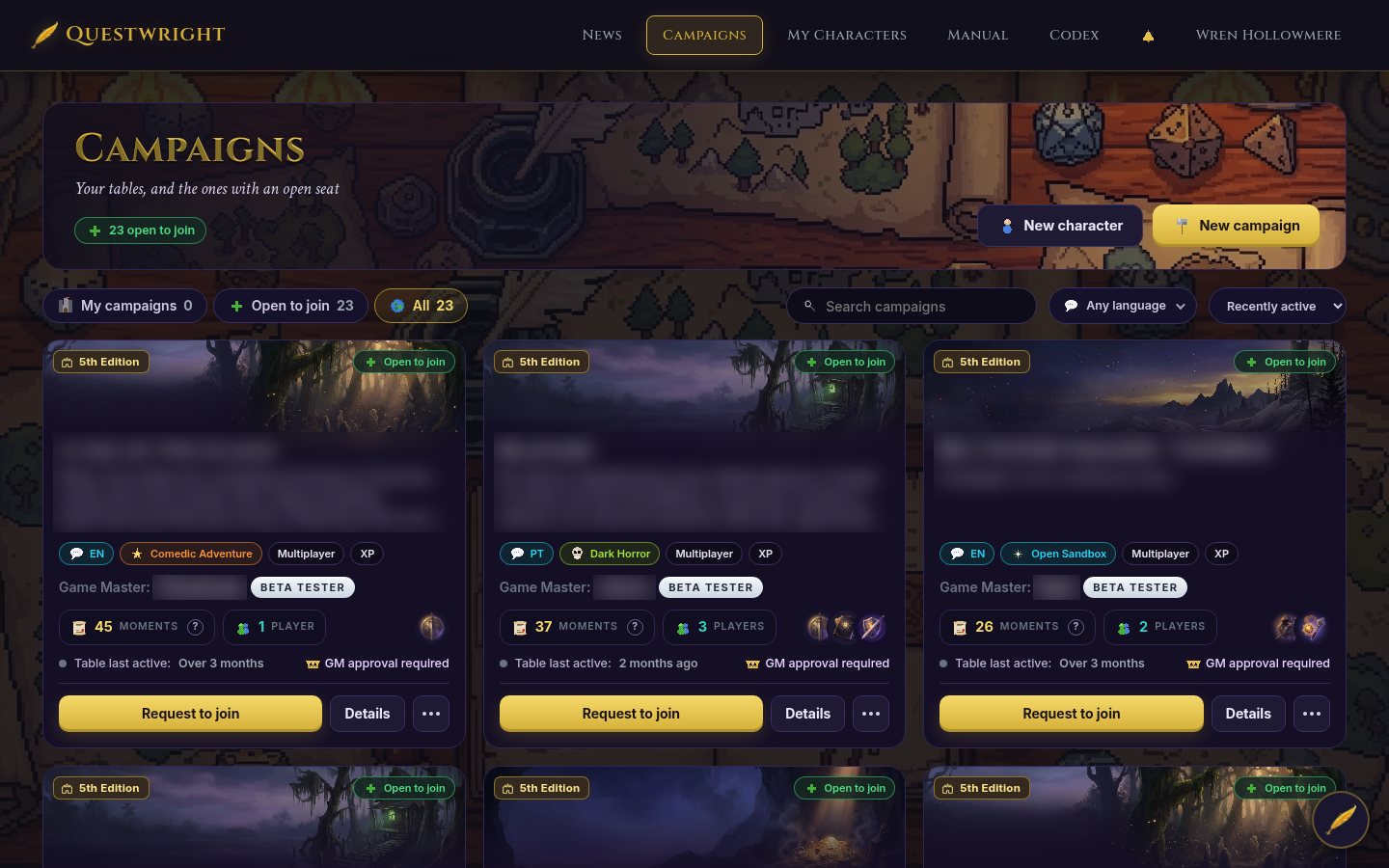 The new campaign list, with open tables to join.